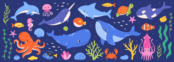 Cute sea animals set. Underwater mammals, narwhal, shark, whale, orca, octopus, sea turtle, dolphin, squid, algae and coral. Perfect for kids design, nursery decor and educational materials. © Amahce