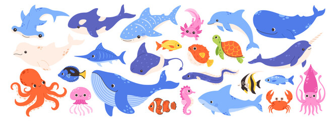 Big set of cute cartoon sea animals. Whale, shark, dolphin, narwhal, orca, octopus, crab, sea turtle, jellyfish, squid, sawfish, stingray. Vector illustration for ocean themed designs © Amahce