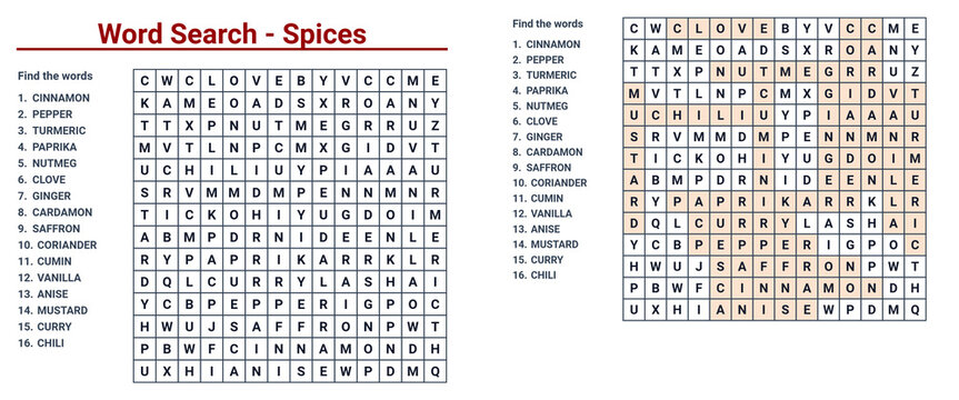 Word search puzzle featuring various spices and ingredients  