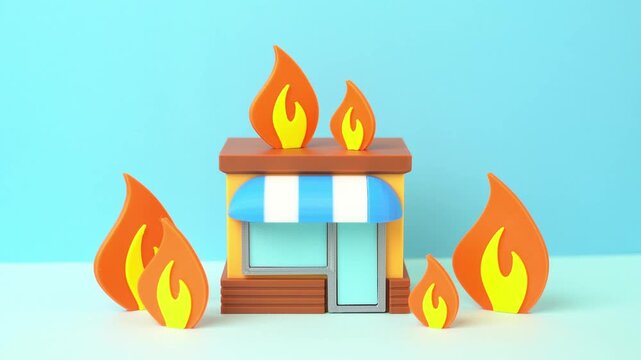A store is on fire. Property fire insurance. The business is in crisis. Commercial losses, emergency response and financial protection for damaged retail property.
