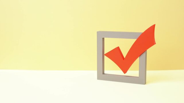 Red check mark in a square symbolizes voting and approval. Elections and politics reflect agreement and permission. Decision making, ballot validation, and public choice highlight governance
