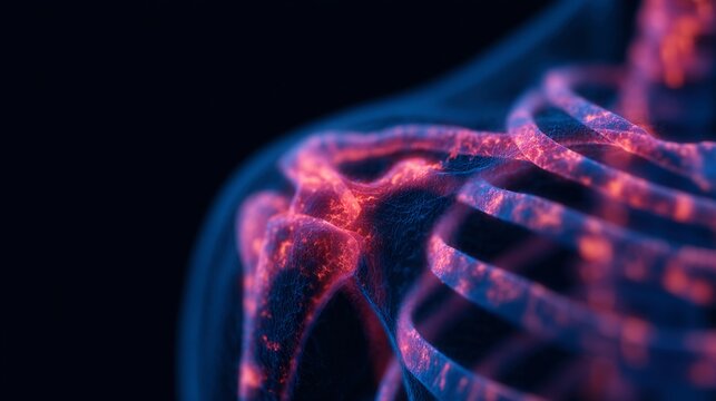 A glowing digital visualization of a human skeletal shoulder and upper arm bones in vibrant pink and blue hues on a dark background.