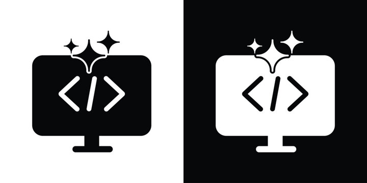Modern vector icon of a computer screen displaying code brackets with sparkling stars. Symbolizes clean code development, software engineering excellence, web optimization, and AI programming.