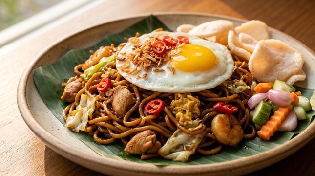 Authentic Indonesian Mie Goreng (Fried Noodle) with Sunny Side Up Egg, Prawn Crackers, and Pickles.