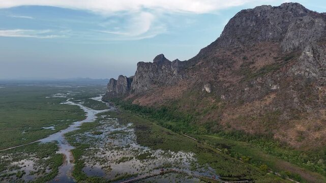 Aerial Drone View Of Bueng Bua Wetlands Thailand
Aerial drone footage of Bueng Bua Wood Boardwalk wetlands and limestone mountains in Thailand on 19 May 2026.
