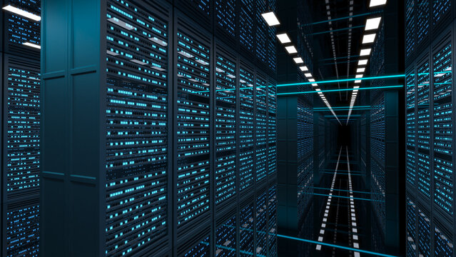 Data center server room interior with neon light blue lights of server racks, glossy black floor and ceiling. 3d illustration