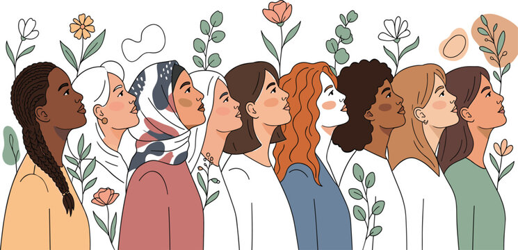 Group of diverse multicultural women looking up together surrounded by floral elements vector illustration