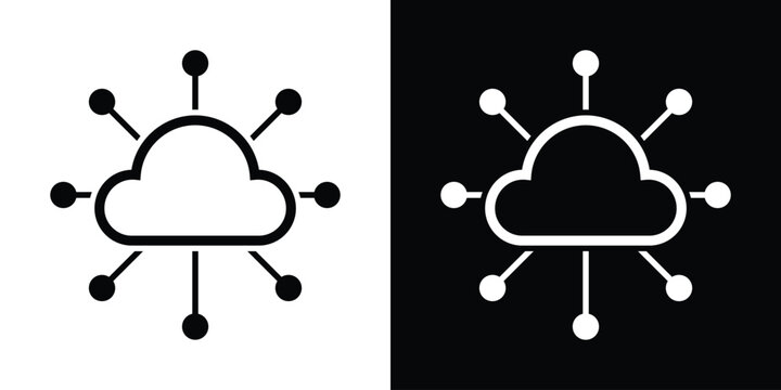 Minimal vector graphic of a central cloud icon connected to multiple peripheral nodes. Perfect concept symbol for internet of things (IoT), cloud networking, distributed data, and global server.