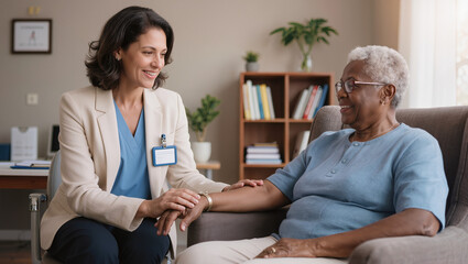 Fototapeta premium Caring Middle Eastern female general practitioner counting pulse of senior Black female patient in cozy clinic room