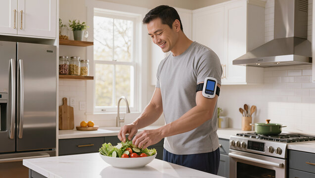 Active East Asian man over 40 preparing healthy salad in bright kitchen with modern insulin pump on arm