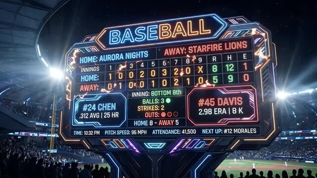 Futuristic Baseball Scoreboard with Colorful Neon Lights - A vibrant, futuristic baseball scoreboard glows brightly with colorful neon lights, dominating a large stadium at night.