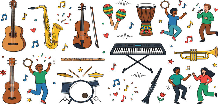 Musical instruments and happy people dancing singing icon set bundle vector illustration isolated background