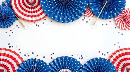 Obraz premium Patriotic fourth of july decorations with paper fans and star confetti