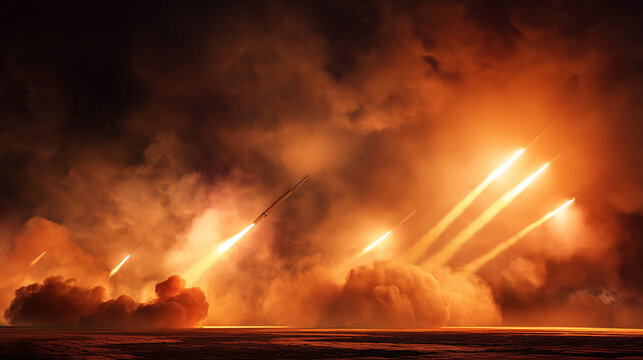 Dramatic missile defense launch with fiery trails in smoky orange sky, military technology, national security, tactical readiness, geopolitical crisis and defense operation concept