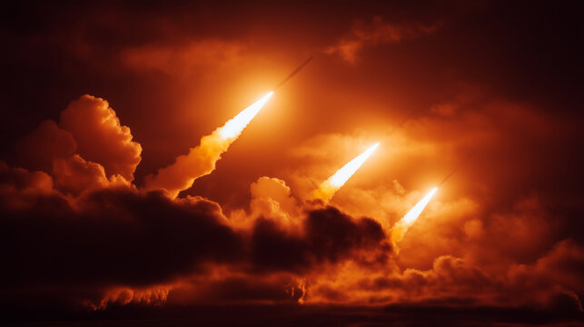 Dramatic missile defense launch with fiery trails in smoky orange sky, military technology, national security, tactical readiness, geopolitical crisis and defense operation concept