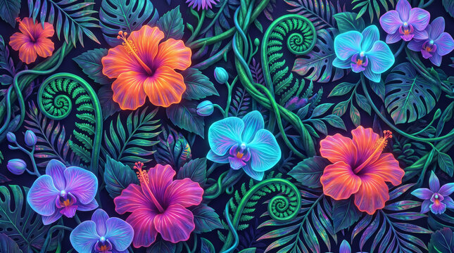 Seamless tropical floral pattern with vibrant hibiscus and orchid flowers on dark background