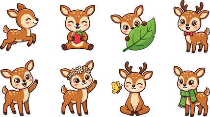 Fototapeta premium Cute Baby Deer and Kawaii Fawn Vector Collection Featuring Adorable Cartoon Deer Characters, Sweet Woodland Animals, and Nursery Illustrations