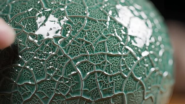 Close up of a hand touching a green ceramic vase with a cracked glaze texture.