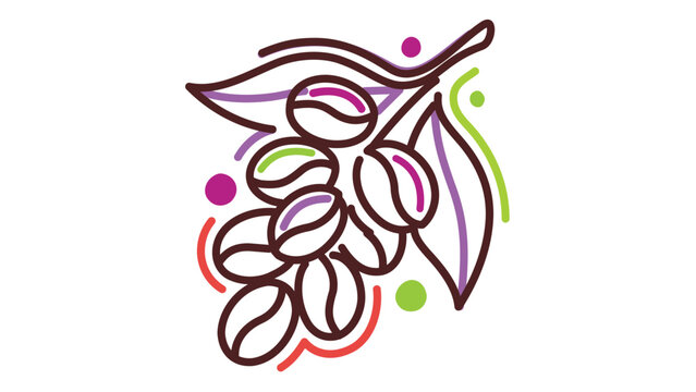 Detailed botanical sprig showcasing ripening beans and verdant foliage. Clean multi-color line art with modifiable contour settings, adjustable stroke widths, and organic plantation aesthetics.
