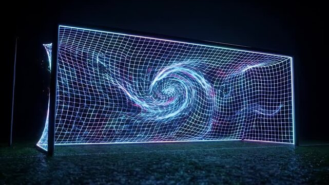 Futuristic Soccer Goal Net with RGB Neon Ripple Effect - A futuristic soccer goal net is vividly illuminated with vibrant RGB neon glow, creating a mesmerizing ripple effect that swirls inwards like