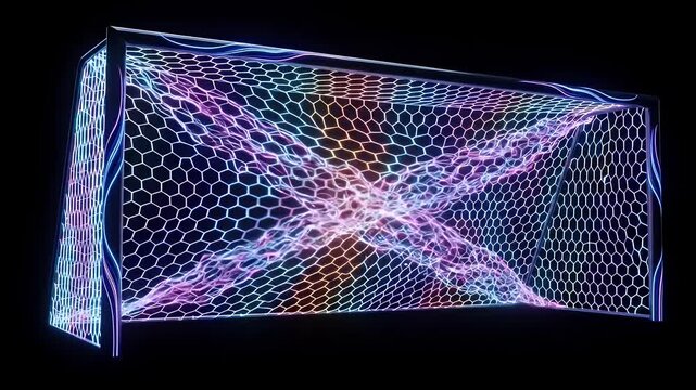 Futuristic RGB Neon Soccer Net Ripple - A futuristic soccer net glows with vibrant RGB neon lights against a black background.