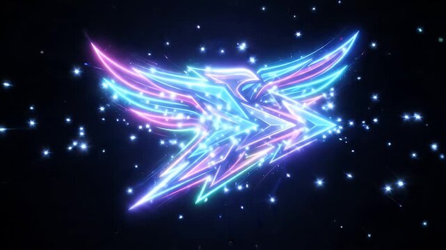 Dynamic Neon Eagle Sports Logo - A vibrant, abstract neon symbol depicting a soaring eagle or phoenix glows with electric blue, pink, and white light.