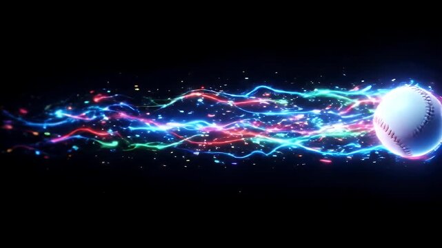 Neon Baseball Fastball Speed Effect - A white baseball is depicted in high-speed motion, generating a dynamic effect with vibrant neon trails.