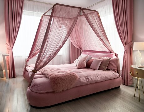 elegant pink velvet daybed with plush pillows and soft curtains creates a serene bedroom sanctuary