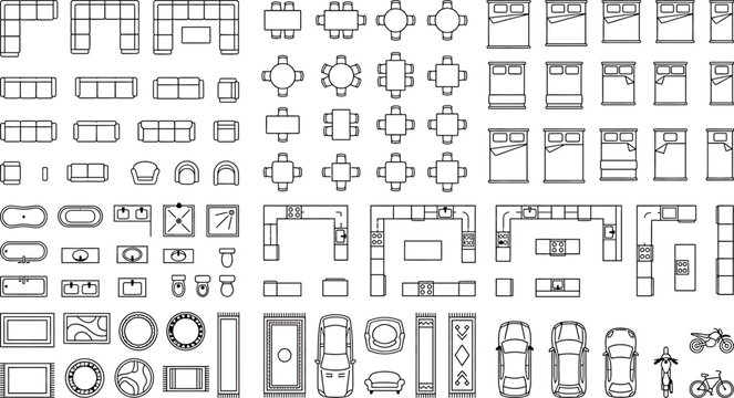 Set of furniture icons for floor plan, top view, vector illustration, interior design elements for architectural drawings
