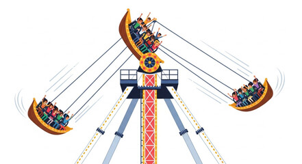 Thrill ride with people swinging high in the air at amusement park. © parunten