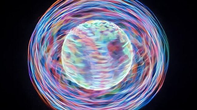 Neon Baseball Sphere with Dynamic RGB Light Trails - This abstract close-up captures a baseball spinning rapidly, creating a mesmerizing sphere of vibrant RGB light trails.