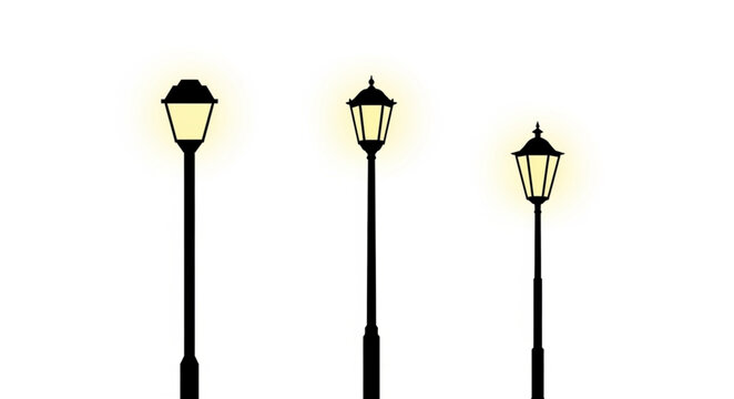 Three vintage street lamps in a row on white background.