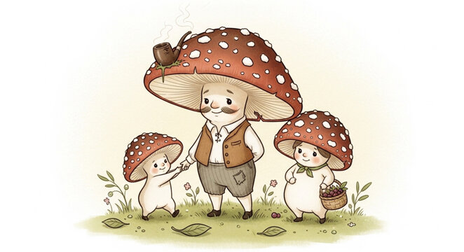 Three whimsical anthropomorphic mushrooms in a forest setting.