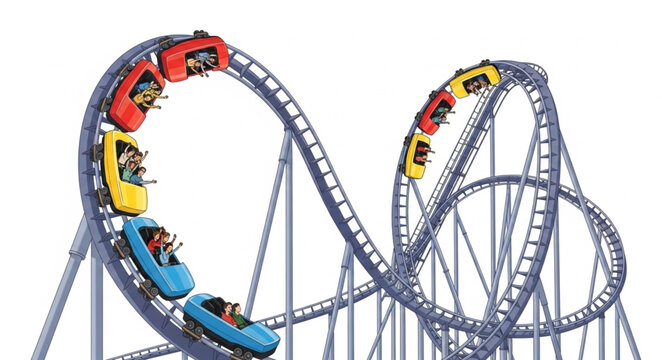 Thrill seekers ride a colorful roller coaster through loops and curves.