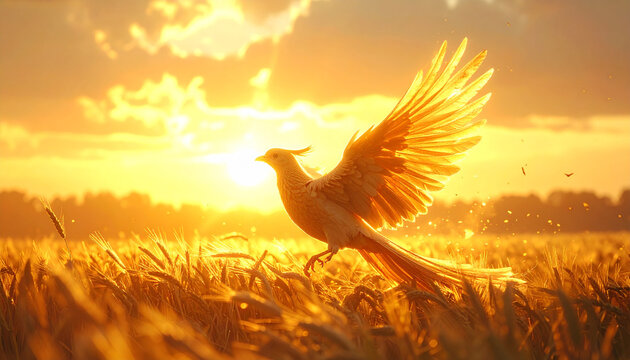 Golden phoenix bird flying over wheat field
