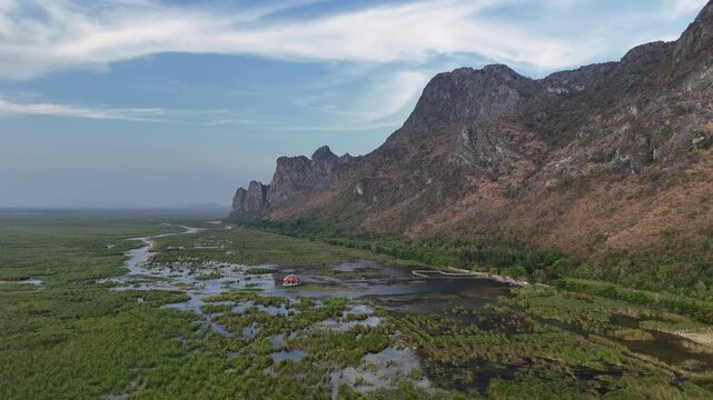 Aerial Drone View Of Bueng Bua Wetlands Thailand
Aerial drone footage of Bueng Bua Wood Boardwalk wetlands and limestone mountains in Thailand on 19 May 2026.
