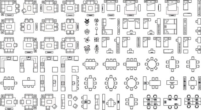 Set of top view furniture icons for interior design, including sofas, beds, tables, chairs, kitchen units, and plants