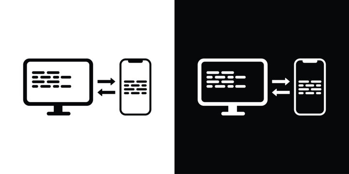 Flat vector icon of laptop and smartphone transferring data with bidirectional arrows. Modern symbol for cross-device synchronization, file sharing, mobile responsive design, and digital connectivity.