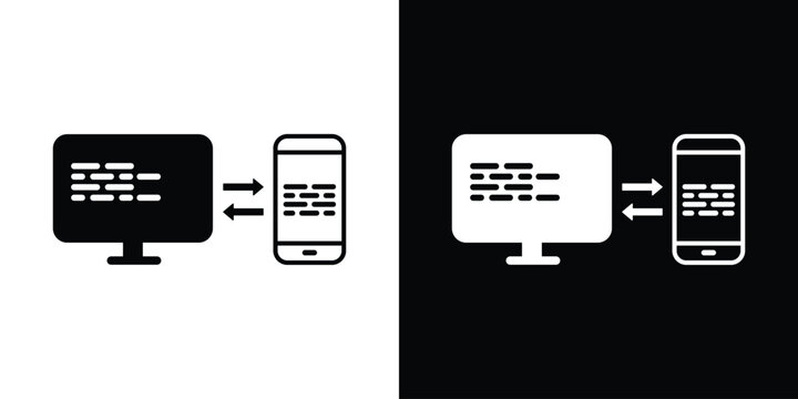 Flat vector icon of laptop and smartphone transferring data with bidirectional arrows. Modern symbol for cross-device synchronization, file sharing, mobile responsive design, and digital connectivity.