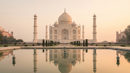 Naklejka premium Elegant sunrise tones and cinematic symmetry transform the Taj Mahal into a luxurious editorial travel visual with clean minimal surroundings and premium tourism appeal.