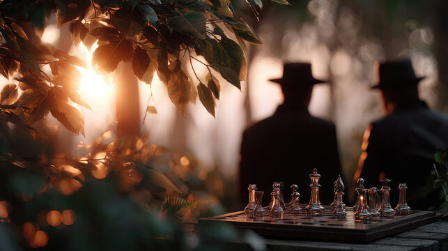 Two silhouetted men in hats play a glass chess game outdoors at golden hour, warm backlit foliage and bokeh highlighting thoughtful strategy and quiet rivalry