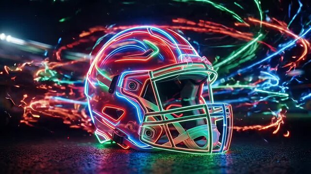 Neon Football Helmet with Colorful Light Trails - A striking football helmet is depicted with vibrant neon outlines and internal glow, featuring red, blue, and green hues.
