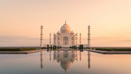 Fototapeta premium Soft sunrise illuminates the Taj Mahal with elegant reflections and pastel skies, creating a clean minimal travel scene with luxurious architecture and peaceful cinematic atmosphere.