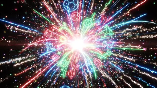 Neon Sports Explosion Finale - A vibrant digital explosion of colorful RGB particles bursts across a dark background, revealing glowing neon outlines of various sports elements and figures.