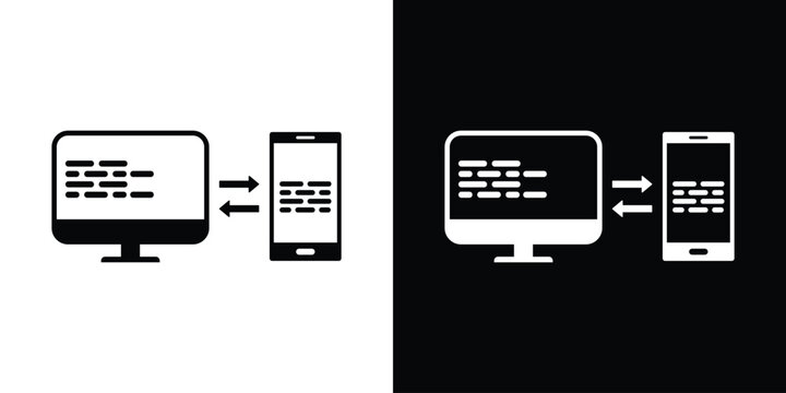 Flat vector icon of laptop and smartphone transferring data with bidirectional arrows. Modern symbol for cross-device synchronization, file sharing, mobile responsive design, and digital connectivity.