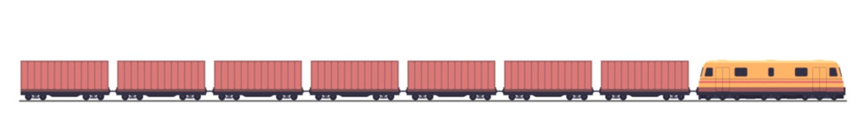 A freight train with yellow and orange locomotive carrying containers. Concept of freight transport, logistics, shipping, and industrial transportation. Vector Not AI generated ©  HourGlass