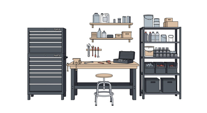 Highly organized garage workshop features a large tool chest, a wooden workbench with a vise, and extensive metal shelving for supplies.