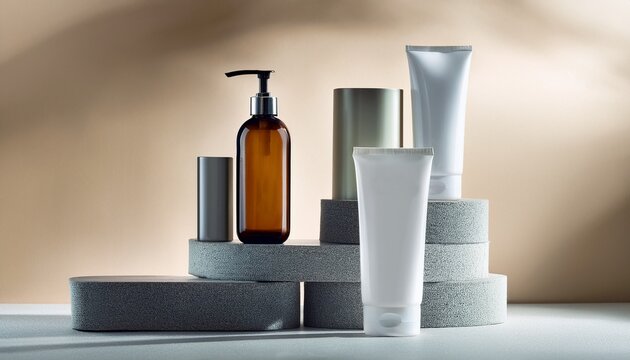 minimalist product display with skincare bottles and tube