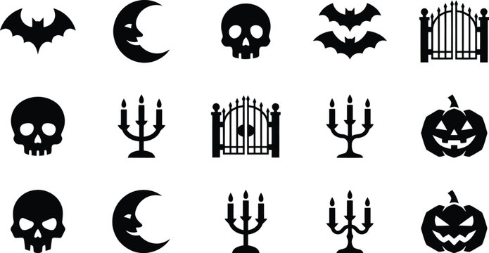 Black halloween silhouettes icon set with skulls, bats, pumpkins, candelabras, gates, and crescent moons isolated on white background