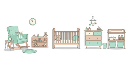 Fototapeta premium Charming nursery room features a classic wooden crib, a comfortable rocking chair, and organized toy storage with a changing table.